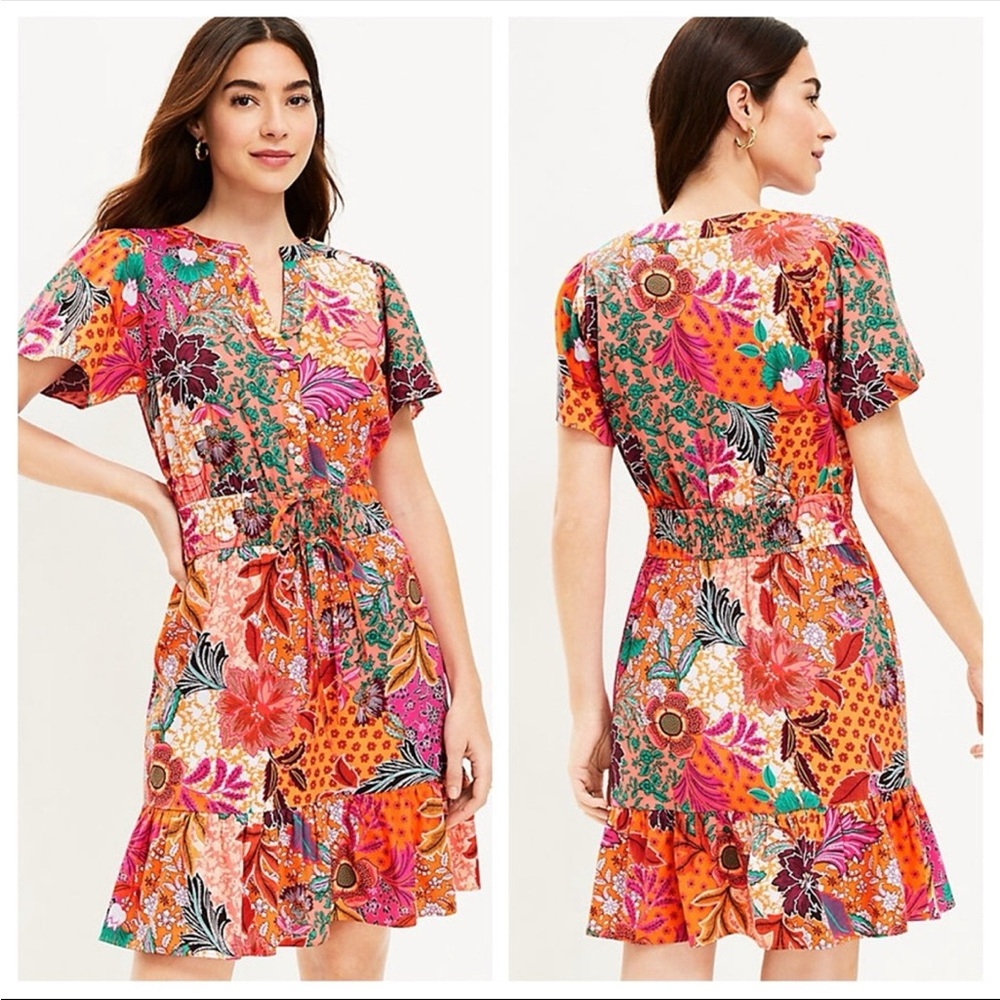 LOFT Patchwork Bloom Smocked Tie Waist Dress - Size S